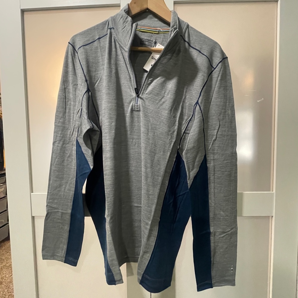 Smartwool Mens Merino Sport Long-Sleeve 1/4 Zip Light Gray Heather/Dark Denim M